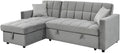 Sofá cama con chaise longue reversible - Armazón de pino macizo con sistema de arrastre y arcón - 210 x 145 cm - Gris de terciopelo para 3 plazas y salón moderno