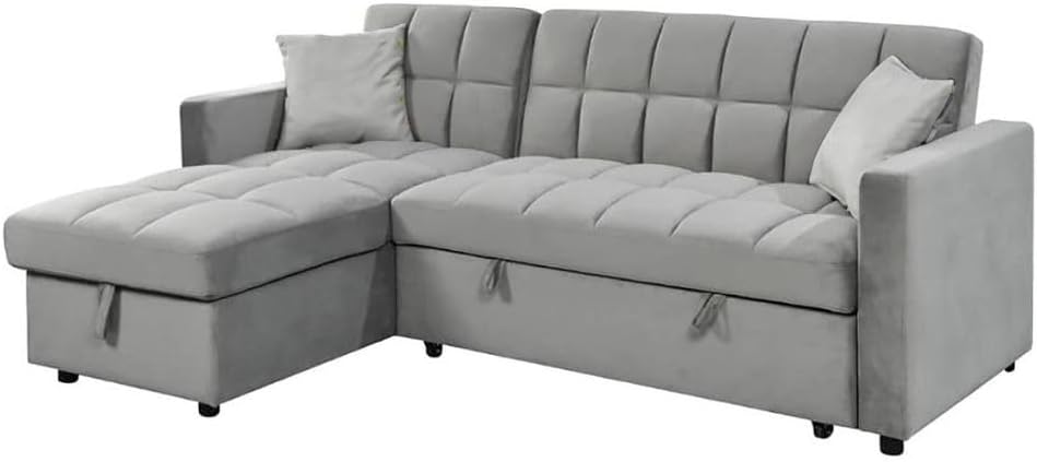 Sofá cama con chaise longue reversible - Armazón de pino macizo con sistema de arrastre y arcón - 210 x 145 cm - Gris de terciopelo para 3 plazas y salón moderno