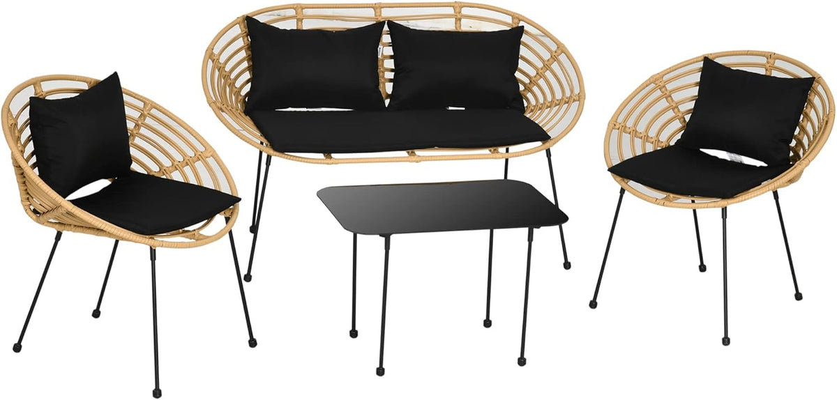 Outsunny conjunto de jardín de ratán sintético 4 piezas - Sofá doble y 2 sillones con cojines - Mesa de vidrio - Para terraza y patio natural y negro