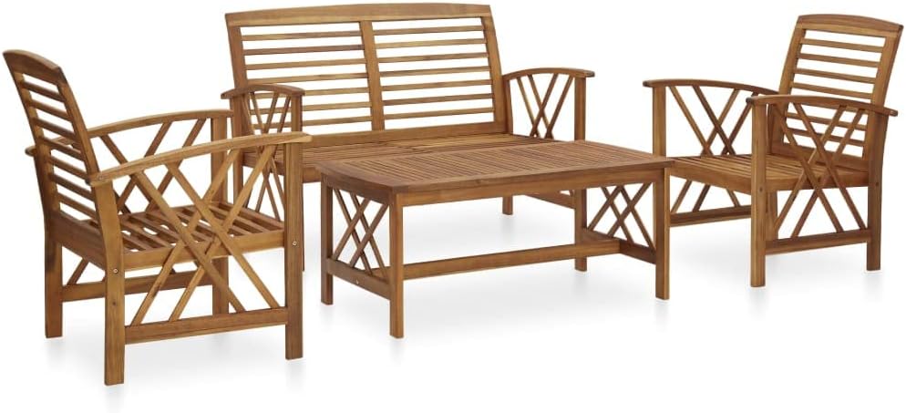 vidaXL Conjunto de jardín 4 piezas - Madera maciza de acacia con banco 2 sillones y mesa - Asientos suaves con respaldo para terraza y exterior - Marrón de estilo natural