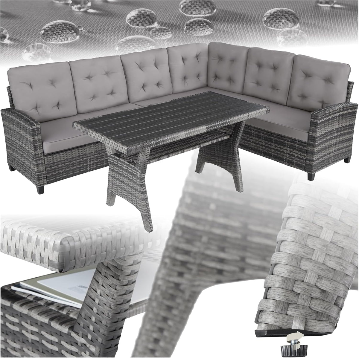 TecTake Conjunto de jardín de ratán - 2 sofás sofá esquinero y mesa con patas ajustables - Cojines de 9 cm resistentes a la intemperie - Gris moderno y combinable
