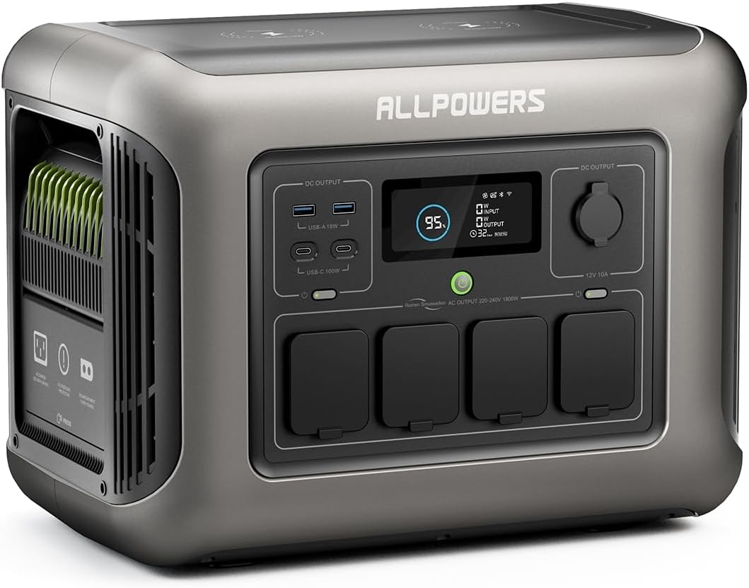 ALLPOWERS R1500 Estación de energía portátil - Batería LiFePO4 de 1152 Wh y salida de 1800 W - Pico de 3000 W con función UPS - Para hogar jardín camping viajes y autocaravana