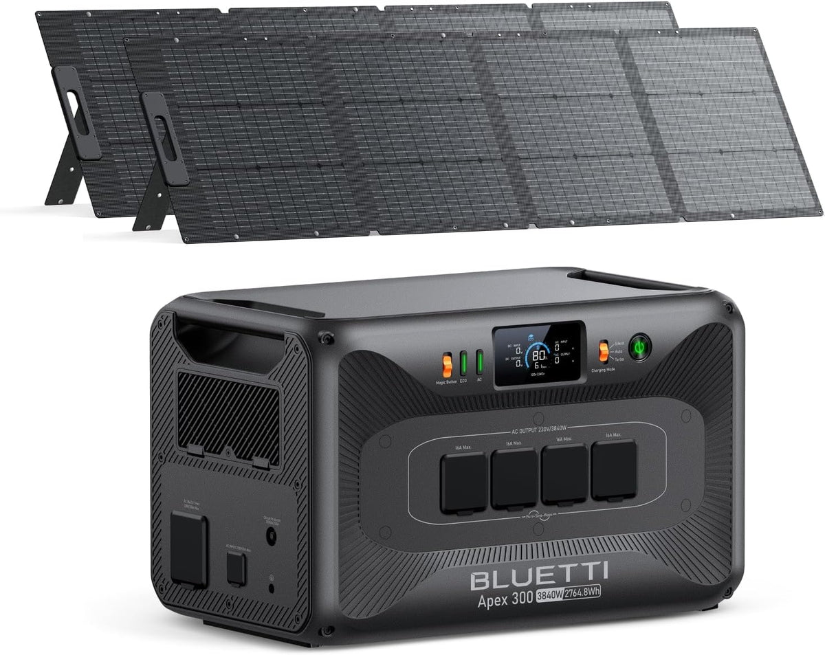 BLUETTI Apex 300 Generador solar - Batería LFP de 2764,8 Wh con salida CA de 3840 W y pico de 7680 W - 2 paneles solares de 200 W - Para camping y vida fuera de la red
