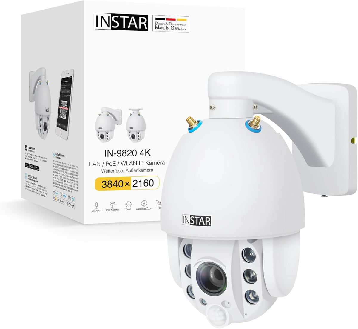 Cámara PTZ INSTAR IN 9820 4K - conexión WiFi LAN y PoE para interior y exterior - zoom óptico de 5 aumentos y visión nocturna - HomeKit audio bidireccional y ONVIF