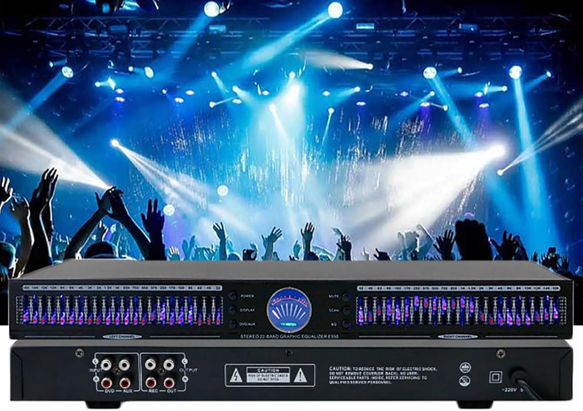 Ecualizador gráfico estéreo de 22 bandas - Analizador de espectro musical de 2 canales - 10 efectos preestablecidos - Reducción inteligente de ruido para sistemas de audio