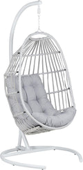 Beliani Sesia Silla colgante de ratán sintético - Para 1 persona hasta 130 kg - Tela gris con diseño giratorio - Sillón moderno para interior patio y exterior