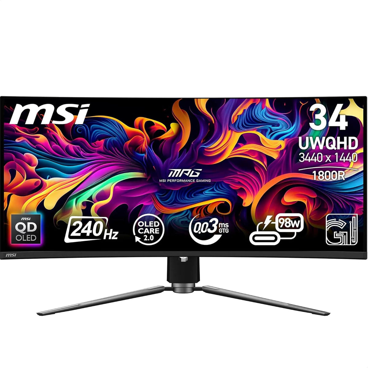 Monitor gaming MSI MPG 341CQPX de 34 pulgadas - panel QD OLED UWQHD 3440 x 1440 - 240 Hz y respuesta de 0,03 ms - USB C de 98 W HDMI y DisplayPort