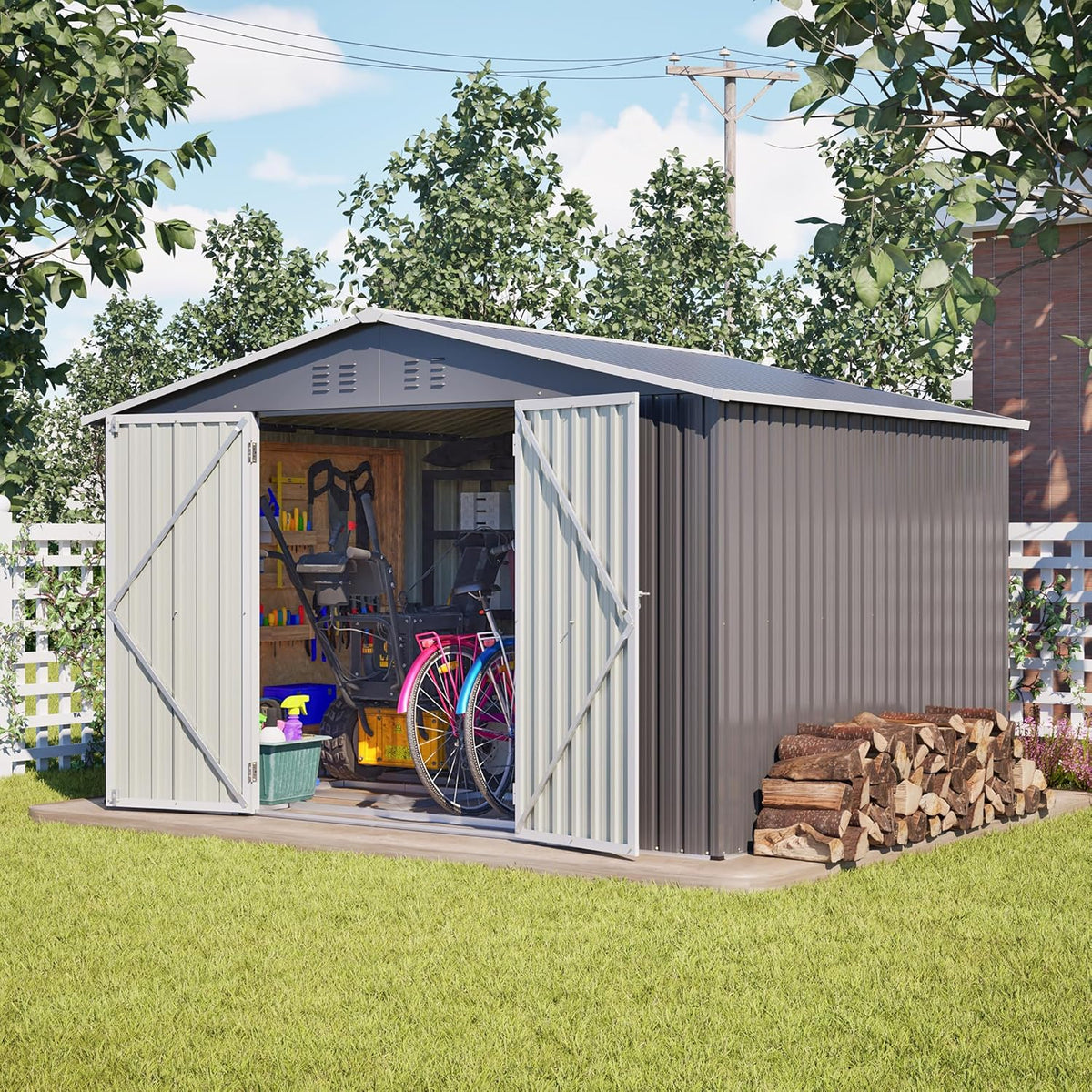 Caseta de jardín metálica 289 x 239 x 191 cm - Cobertizo exterior gris con puerta y ventilación - Techo metálico resistente al agua - Almacenaje para herramientas