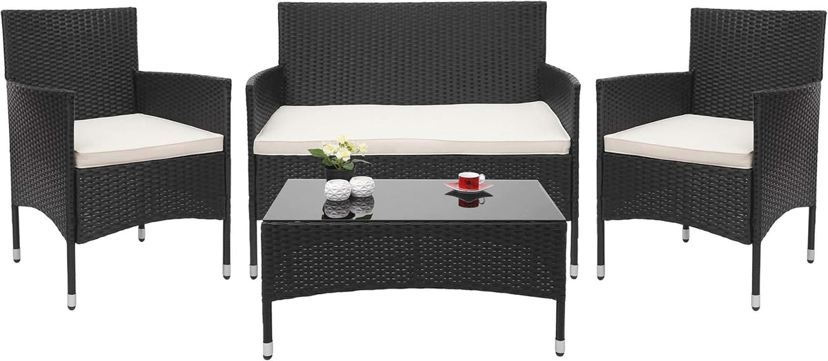 Mendler HWC-F55 conjunto de muebles de jardín de polirratán - Cojines crema - Medidas 76 x 124 x 56 cm - Mobiliario exterior negro moderno