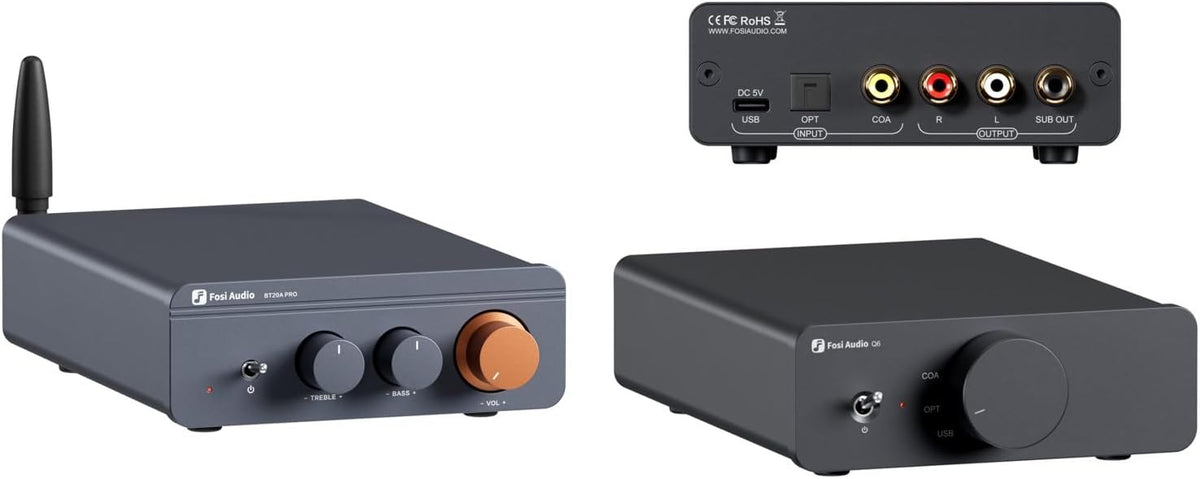 Fosi Audio Q6 Mini DAC y BT20A Pro Amplificador - Bluetooth 5.0 para sistemas de audio domésticos - Potencia de hasta 300 W x 2 - Conjunto compacto para conversión y amplificación estéreo