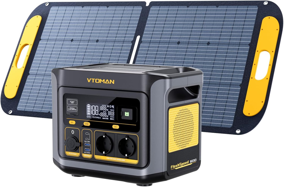 VTOMAN FlashSpeed 600 con panel solar 110 W - LiFePO4 de 499 Wh y salida de 600 W con pico de 1200 W - Carga al 80 por ciento en 1 h - Para camping fiestas y emergencias