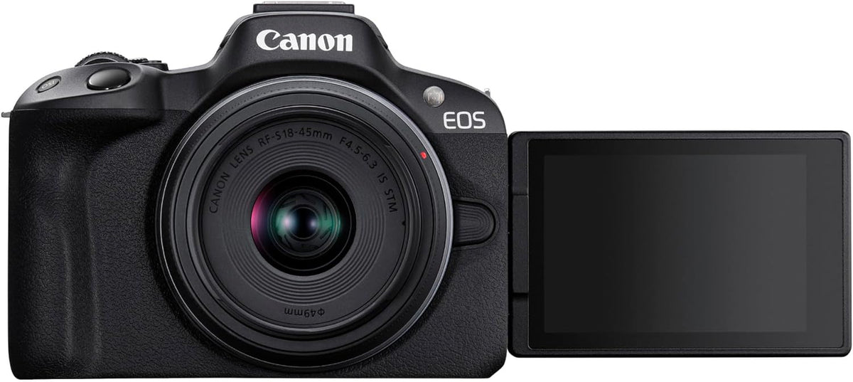 Canon EOS R50 Cámara mirrorless APS C - Sensor CMOS de 24,2 MP con objetivo RF S 18 a 45 mm F4.5 a F6.3 IS STM - Vídeo 4K 30 fps y Dual Pixel CMOS AF II - Pantalla táctil negra