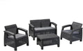 Keter Corfu conjunto de jardín de resina 4 plazas - Acabado ratán plano - Sofá sillones y mesa con cojines - Muebles de exterior grafito