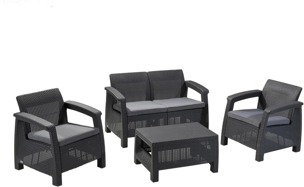 Keter Corfu conjunto de jardín de resina 4 plazas - Acabado ratán plano - Sofá sillones y mesa con cojines - Muebles de exterior grafito