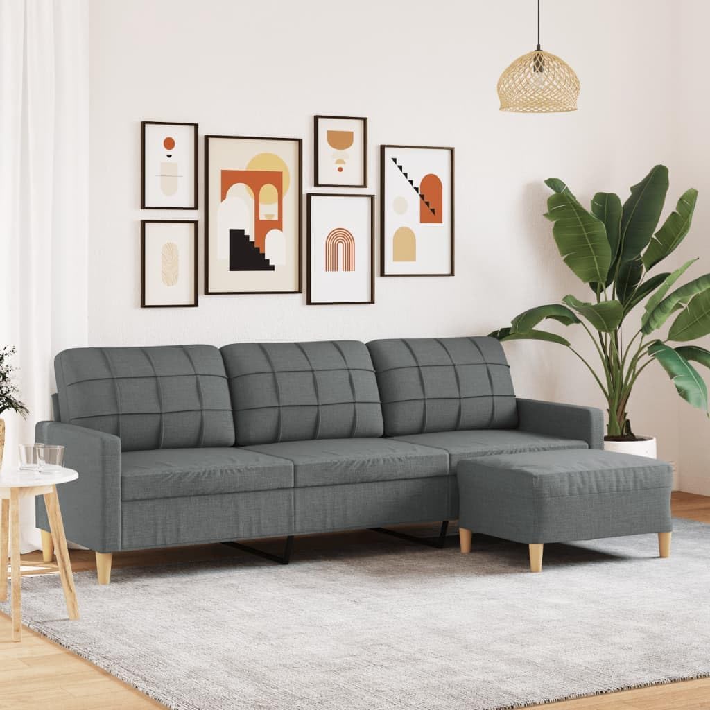 vidaXL sofá 3 plazas con taburete - Tapizado en poliéster gris oscuro - Asiento de 50 cm y altura de 41 cm - Diseño moderno de 210 cm para salón