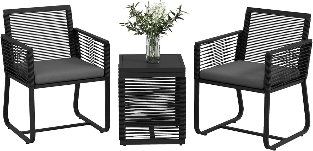 Outsunny Conjunto de jardín 3 piezas - Ratán con 2 sillones cojines desmontables y mesa de café de cristal - 53 x 57 x 77 cm - Negro moderno para terraza y patio