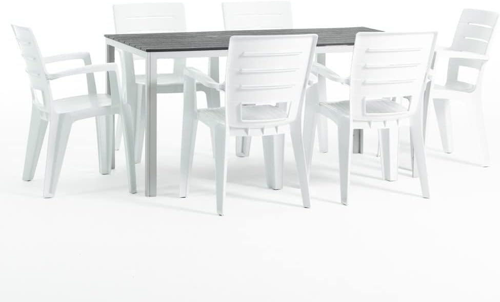 Conjunto de jardín para 6 personas - Mesa rectangular de acero con efecto madera - 6 sillas apilables de resina - Para terraza blanco y pizarra