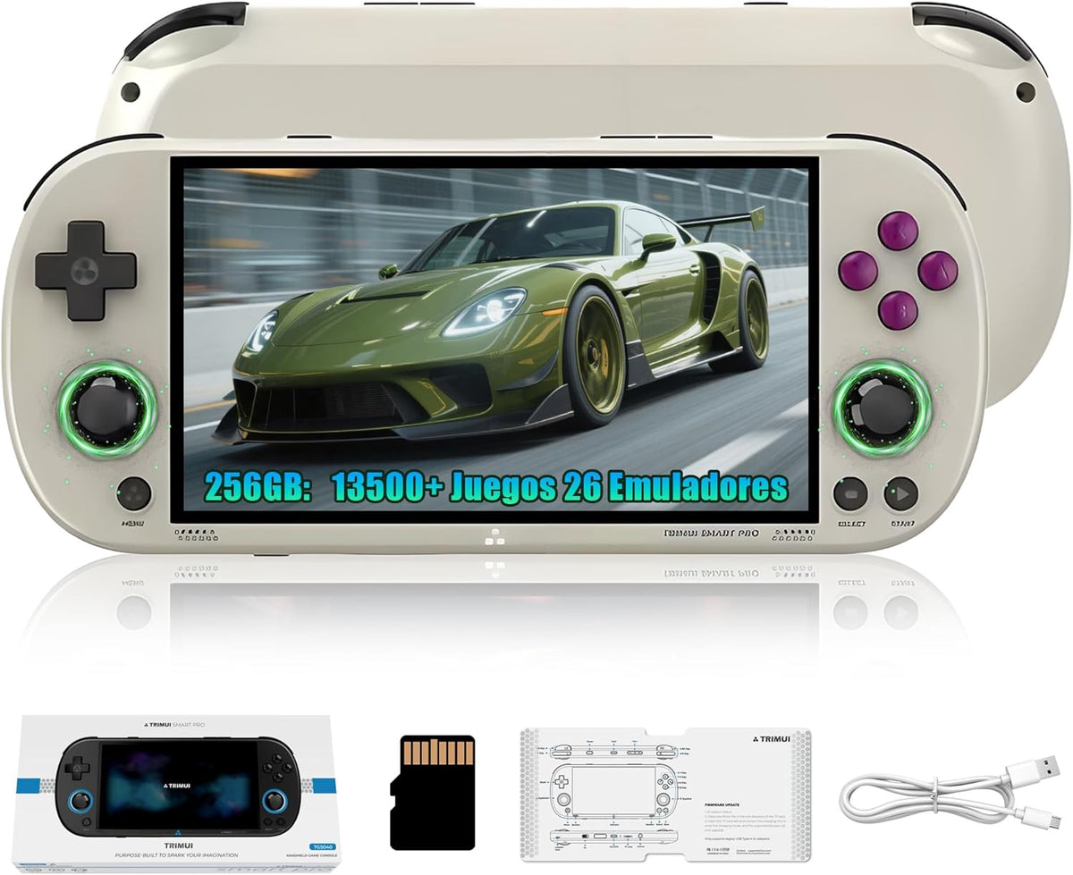 Trimui Smart Pro Consola portátil retro - 13500 juegos con 26 emuladores y sistema Linux - Pantalla IPS de 4,96 pulgadas con 256 GB - Gris con joystick 3D e iluminación RGB