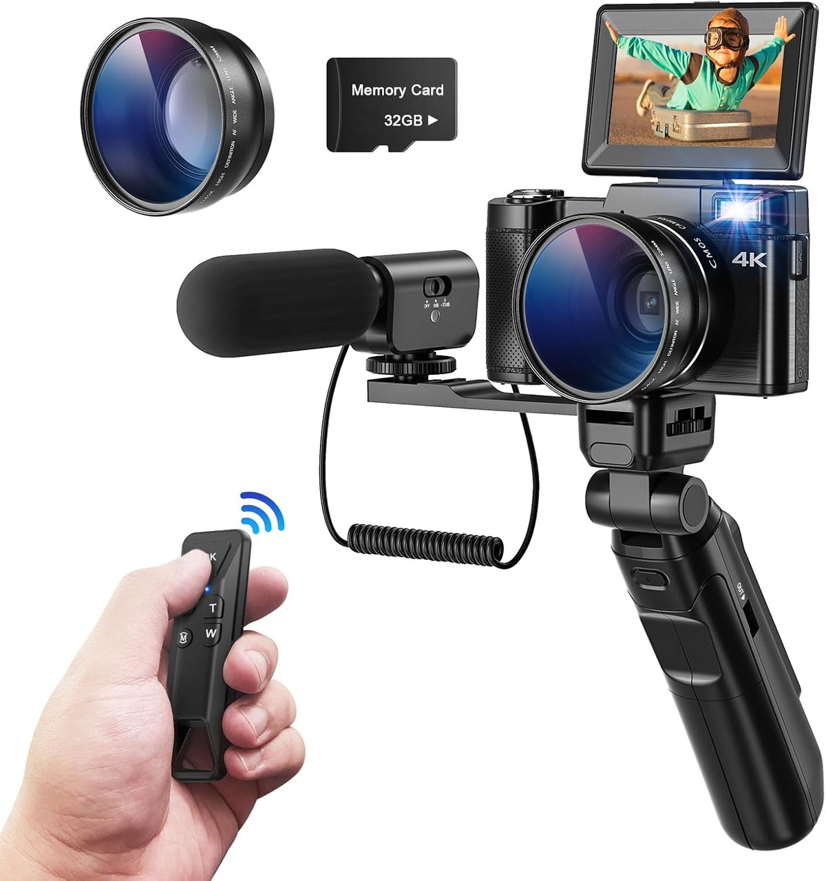 Cámara digital 4K CCN 48 MP - Pantalla abatible 180 grados y zoom 16x - Lente gran angular macro trípode y micrófono - Mando a distancia y tarjeta de 32 GB negra