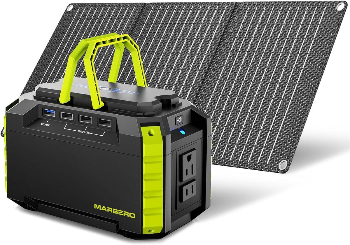 MARBERO generador solar portátil con panel de 30 W - Capacidad de 150 Wh para energía móvil - Recarga mediante batería solar o CA - Para camping autocaravana pesca y emergencias