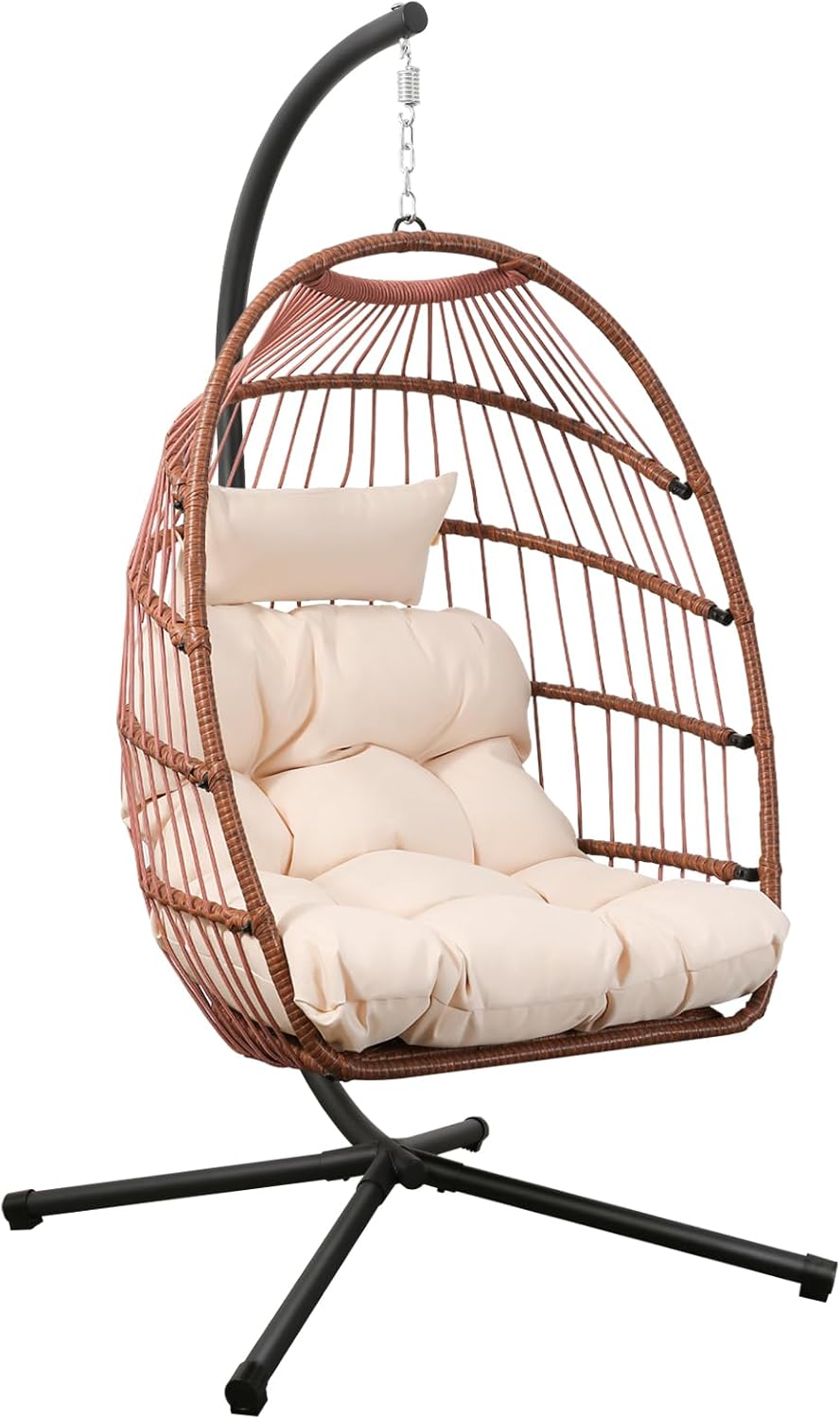 Goutime - Silla colgante huevo 195 x 101 cm - Soporte metálico plegable y funda impermeable - Cojín resistente a rayos UV hasta 204 kg marrón rojizo