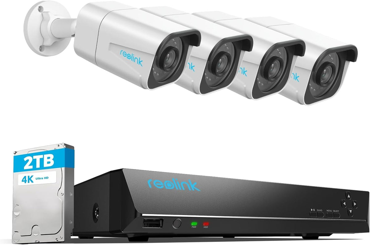 Reolink RLK8 800B4 kit de videovigilancia - Cuatro cámaras PoE exteriores 4K - NVR de 8 canales con disco de 2 TB - Detección de personas y vehículos