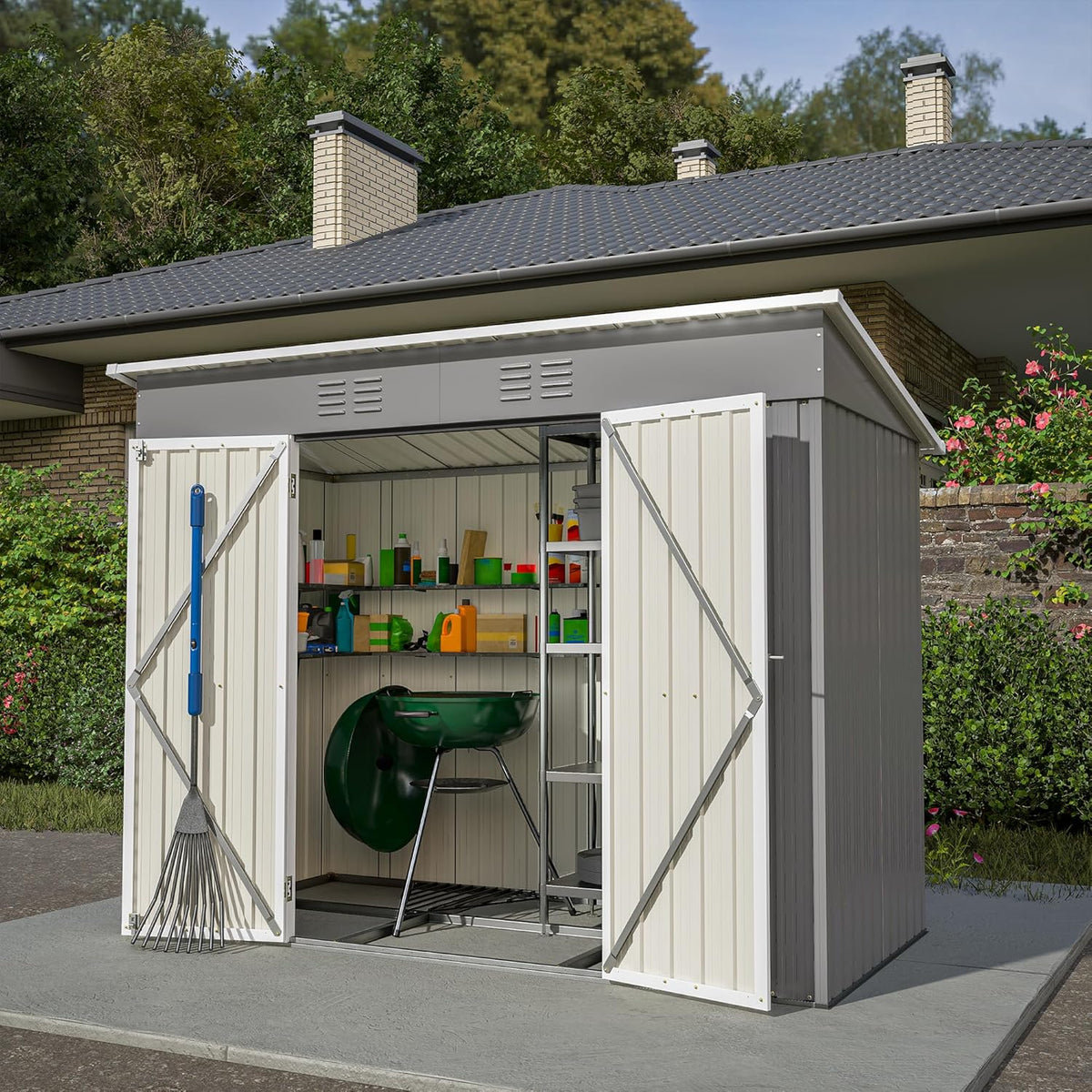 Caseta de jardín metálica 8 x 4 pies - Cobertizo de herramientas con base metálica sin suelo - Techo inclinado galvanizado - Puerta con cerradura resistente al agua