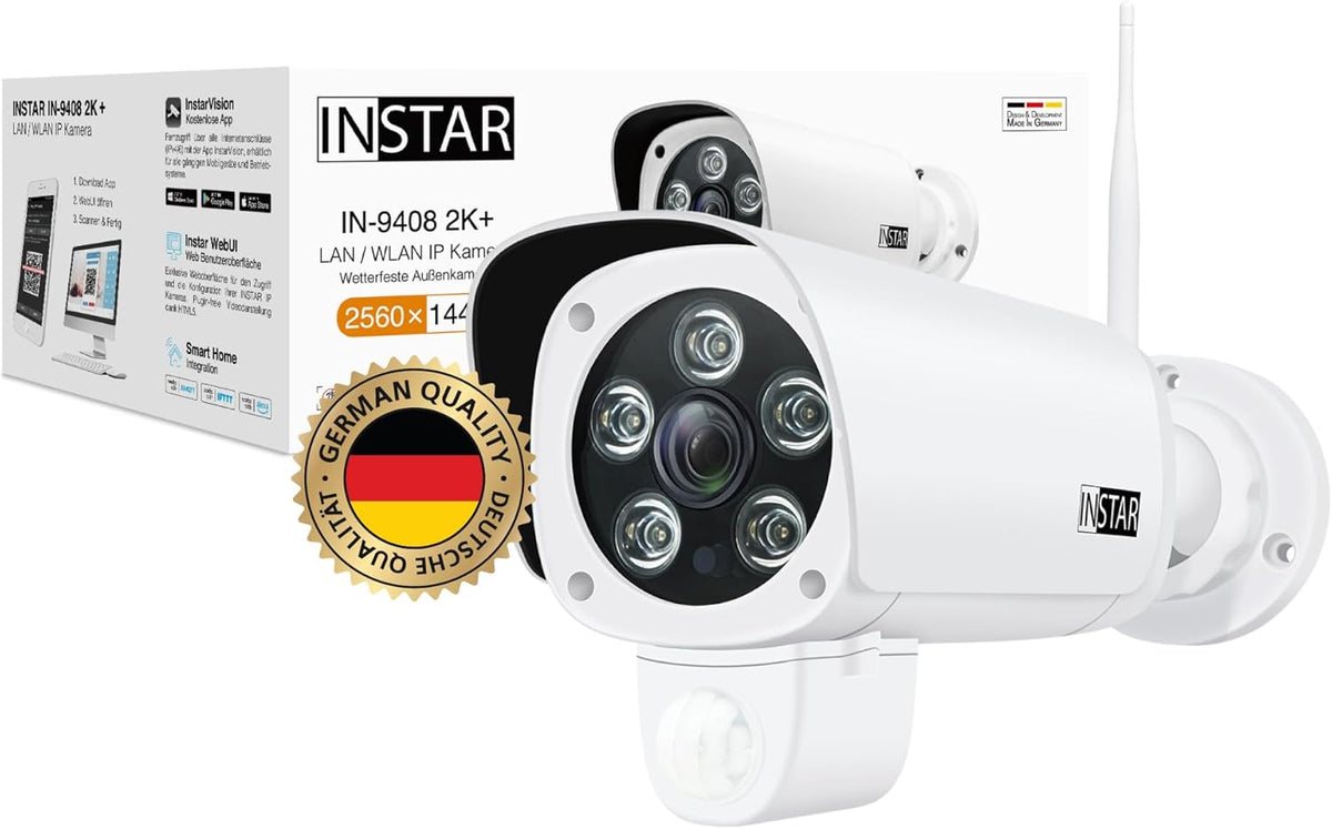 INSTAR IN 9408 cámara IP para exterior e interior - Resolución 2K y visión nocturna - Detección IA con sensor PIR - LAN WiFi HomeKit WPA3 ONVIF y RTSP