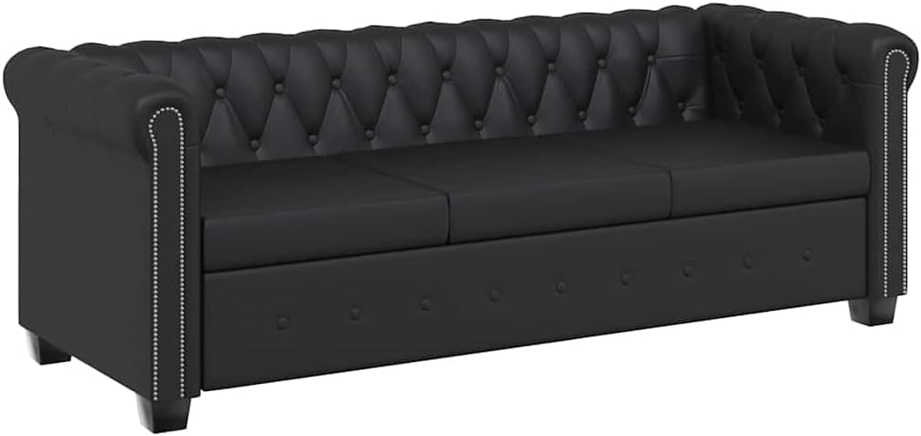 vidaXL Sofá Chesterfield 3 plazas - Revestimiento de cuero artificial con diseño clásico - 201 x 76 x 70 cm - Negro con asiento de 55,5 cm y sin montaje