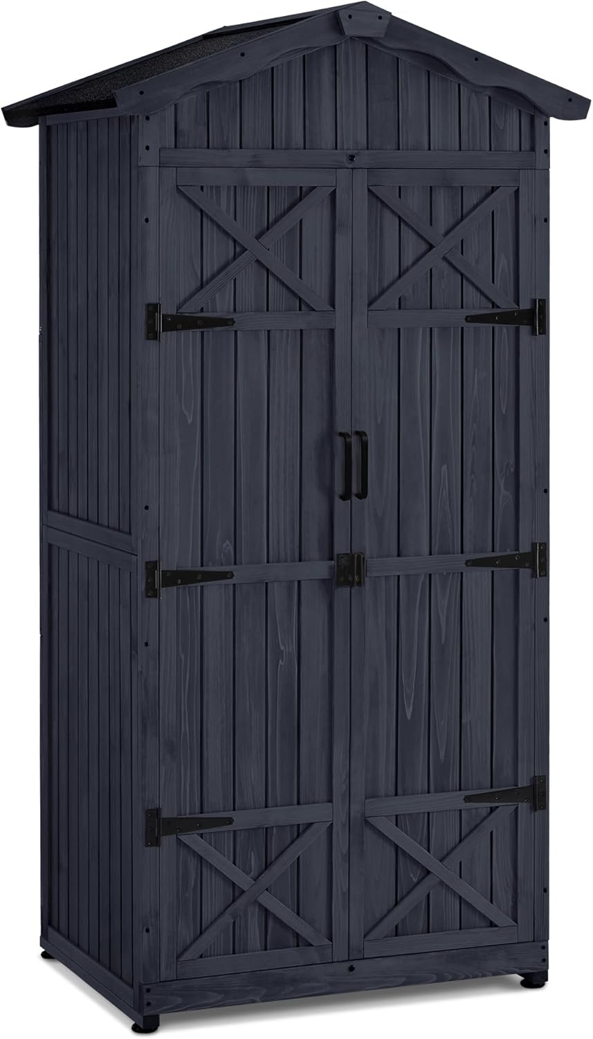 M MCombo Armario de jardín - Madera gris antracita 99 x 74 x 193 cm con suelo - Techo de asfalto repelente al agua - Caseta exterior resistente a la intemperie