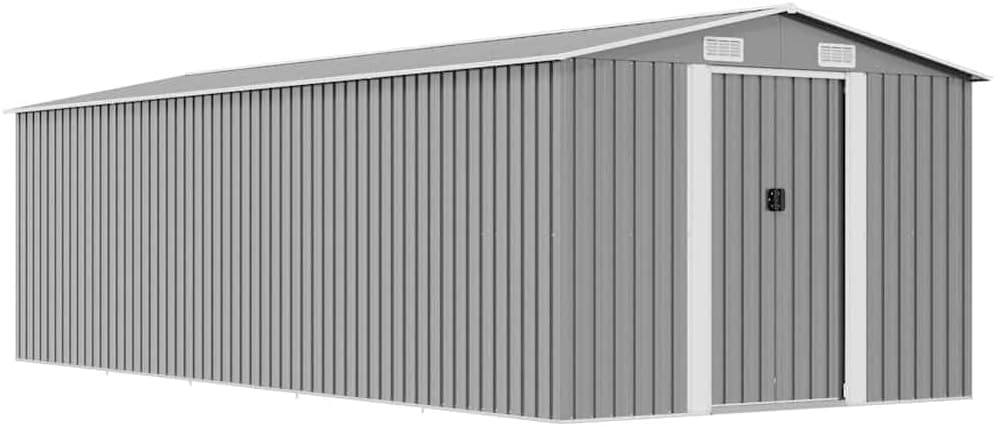 vidaXL caseta de jardín metálica 257 x 597 x 178 cm - Cobertizo gris de gran capacidad - Estructura de acero y metal - Almacenaje exterior resistente al agua