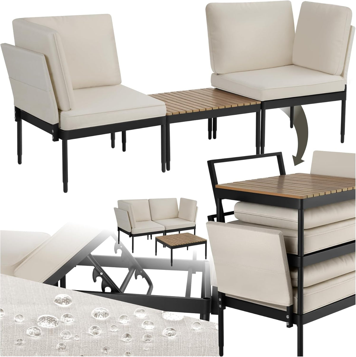 TecTake conjunto de jardín exterior 5 en 1 - Sofá exterior y mesa de jardín - Mesa con aspecto madera y cojines repelentes al agua - Para terraza y jardín
