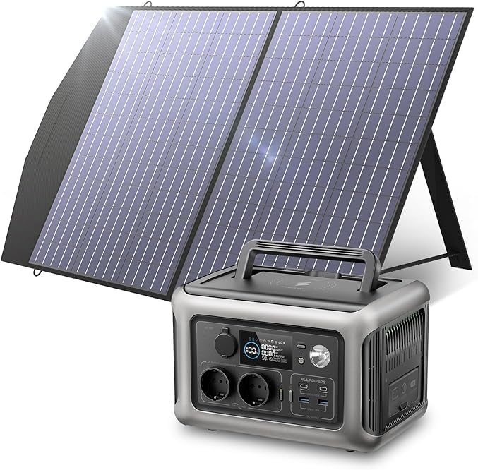ALLPOWERS R600 generador solar portátil - LiFePO4 de 299 Wh y salida de 600 W con pico de 1200 W - Panel solar de 100 W - Para camping viajes jardín y emergencias