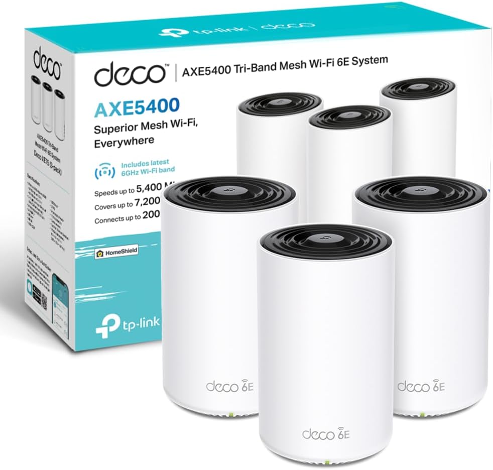 TP-Link Deco XE75 sistema Mesh WiFi 6E - AXE5400 tribanda para viviendas de cuatro a siete dormitorios - Tres puertos Gigabit por unidad - Pack de tres unidades