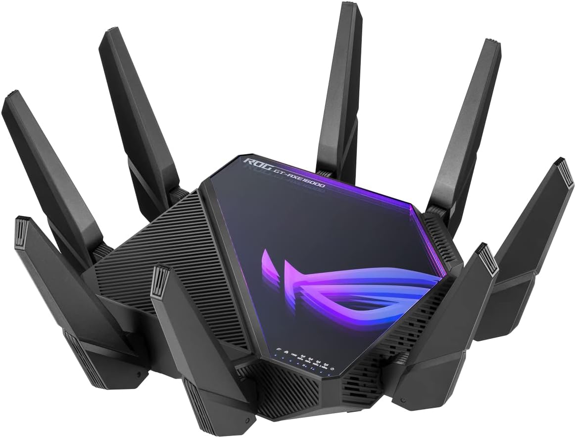 Router gaming ASUS ROG Rapture GT AXE16000 - WiFi 6E cuatribanda de alto rendimiento - conexión para juegos y streaming - diseño negro para ordenadores consolas y Smart TV