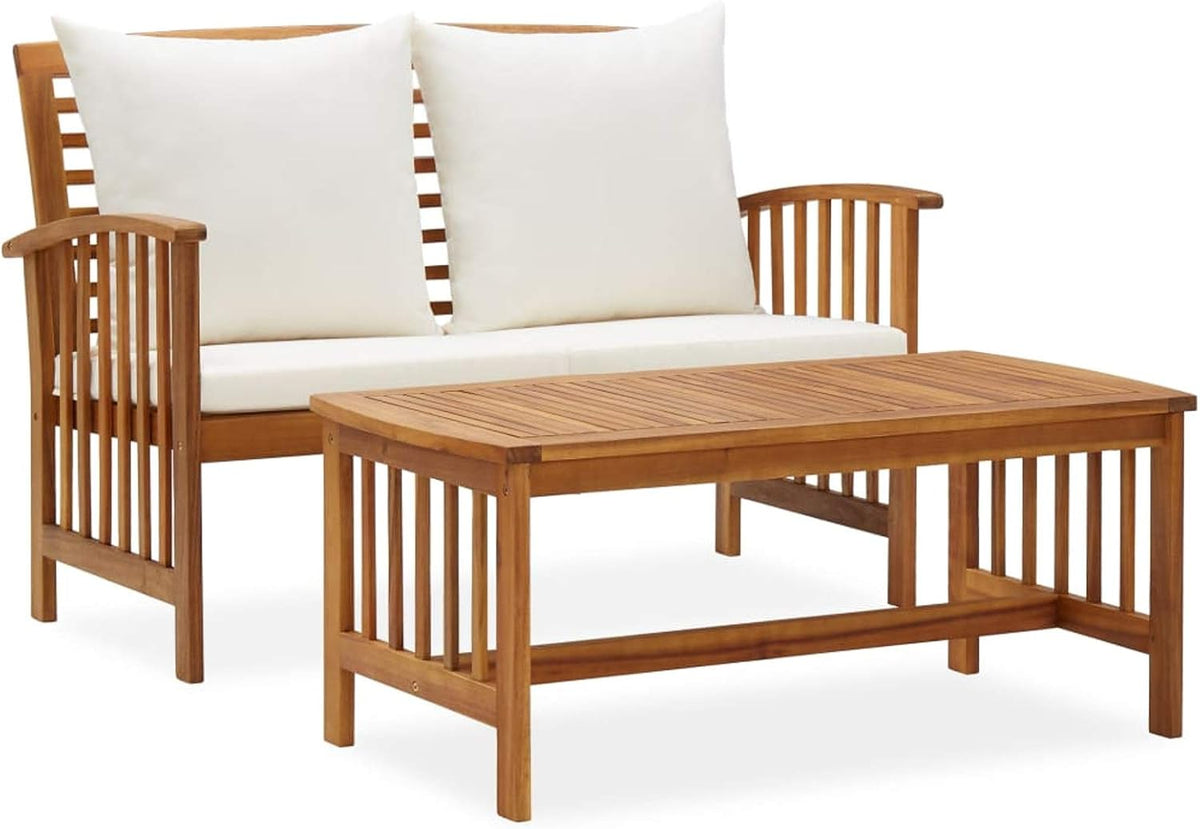 Conjunto de jardín 2 piezas - Madera maciza de acacia con cojines para sofá exterior - Diseño rectangular para terraza y jardín - Estilo moderno con montaje requerido