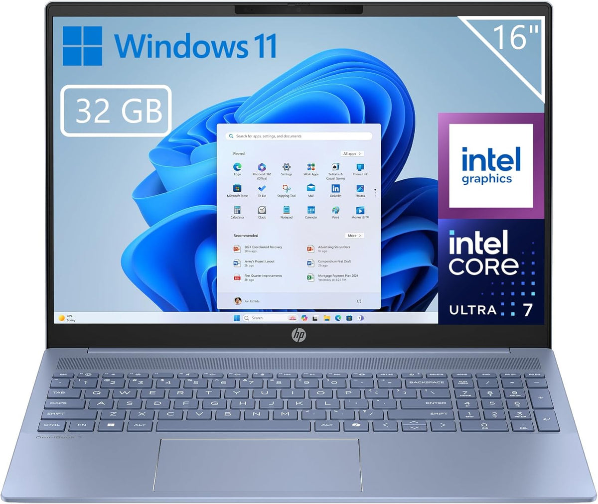 HP OmniBook 5 16 af1005ns Portátil 16 pulgadas 2K - Intel Core Ultra 7 255U con 32 GB RAM y SSD de 1 TB - Intel Graphics y pantalla antirreflejos - Windows 11 Home azul