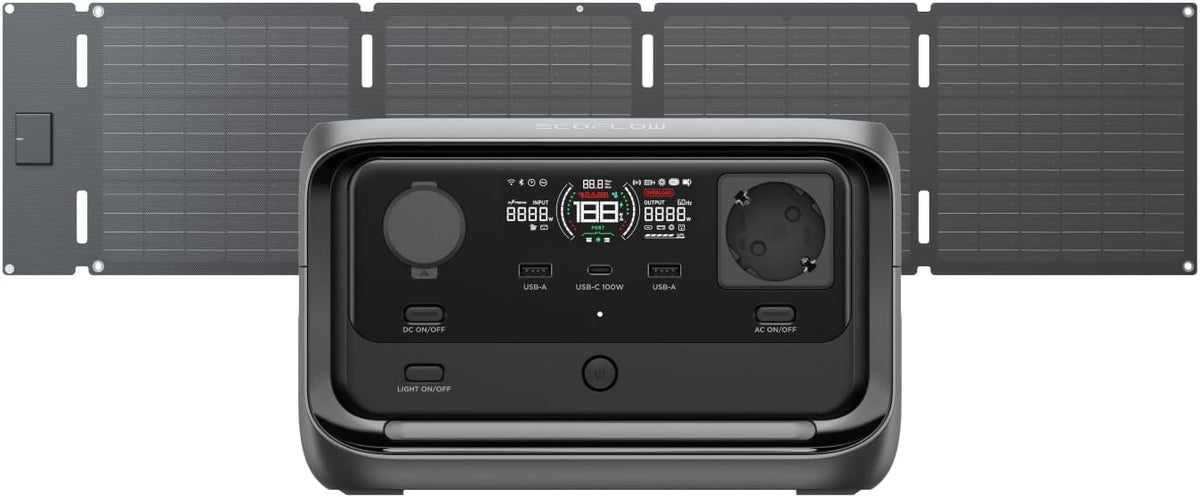 EcoFlow RIVER 3 Plus con panel solar de 60 W - Batería LFP de 286 Wh y salida de 1200 W - Siete puertos para dispositivos compatibles - Hasta 16 h con aparatos de 100 W