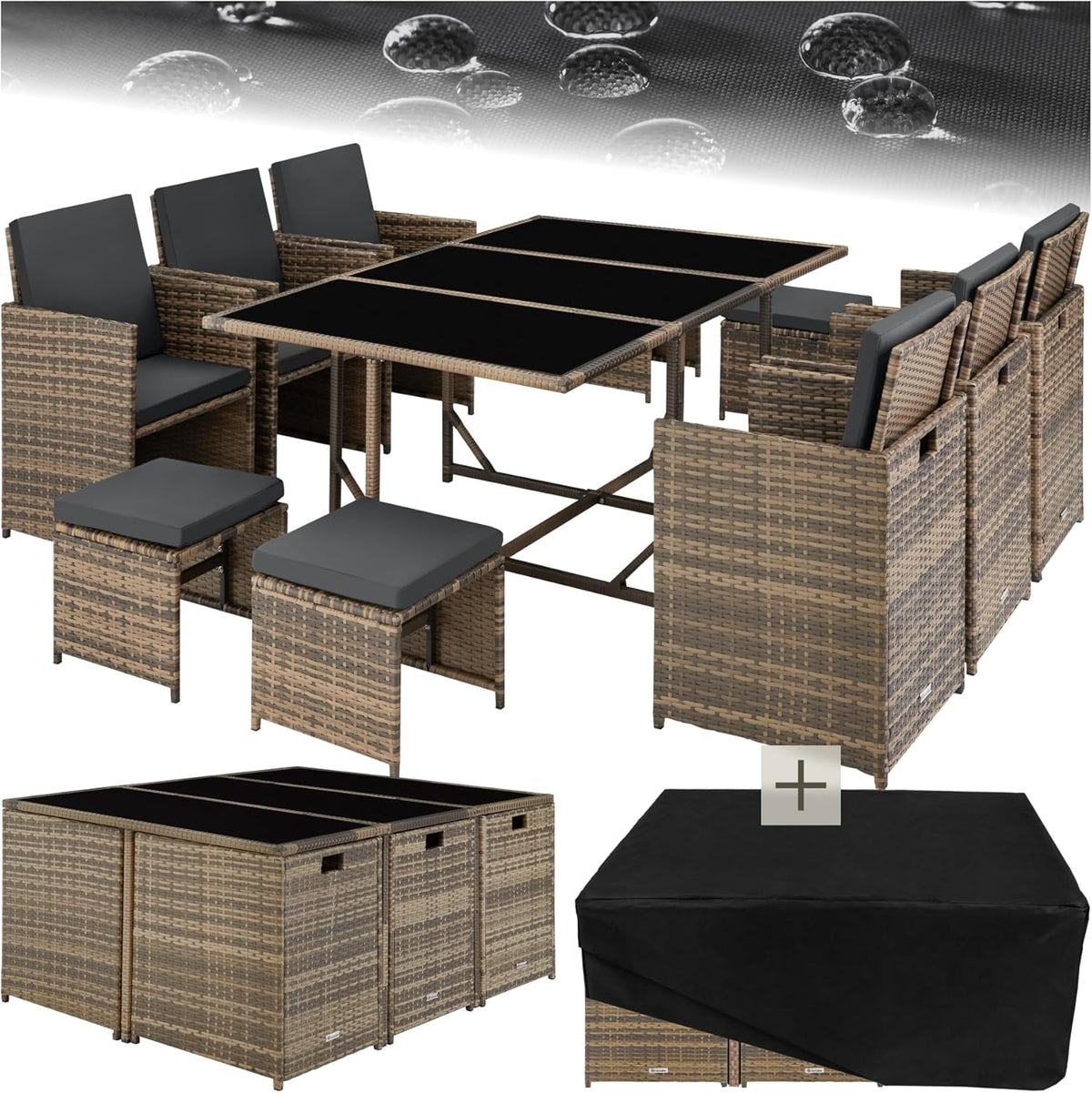 TecTake Conjunto de jardín de ratán y acero - Diseño compacto agrupable en cubo para 6 a 10 personas - Fundas extraíbles y cubierta protectora - Natural de estilo moderno