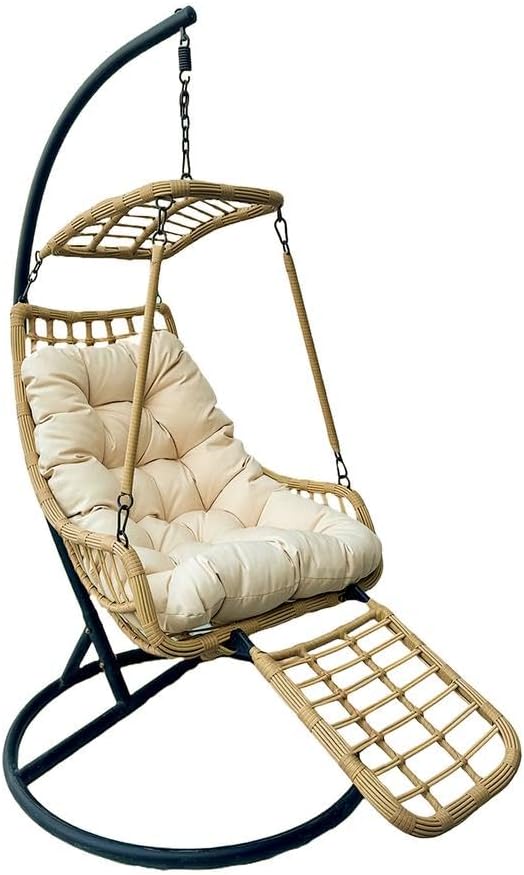 Silla Colgante con Soporte y Reposapiés Integrado - Sillón de Acero Reforzado con Cojín Acolchado - Diseño Boho Beige Interior Exterior 160 kg