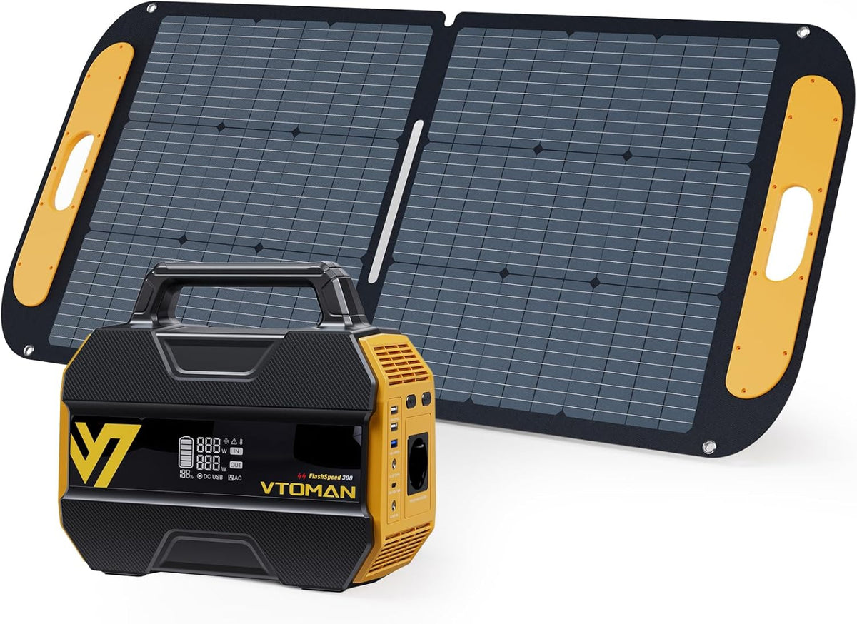 VTOMAN FlashSpeed 300 Estación de energía portátil - Batería LiFePO4 de 230 Wh y salida de 300 W - Pico de 600 W con USB C PD 100 W - Panel solar de 110 W y 6 tomas para camping RV y pesca