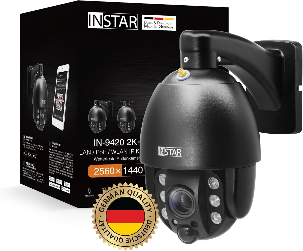 INSTAR IN 9420 cámara IP para interior y exterior - Resolución 2K y control PTZ - Sensor PIR con visión nocturna - LAN PoE WiFi HomeKit y audio bidireccional