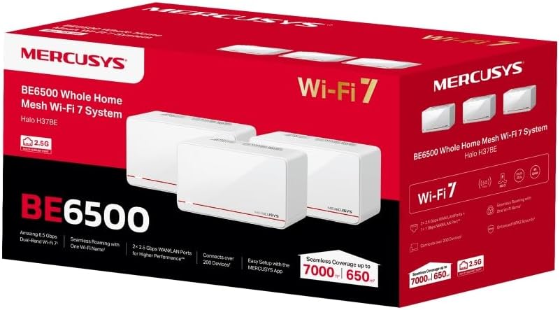 MERCUSYS Halo H37BE sistema Mesh WiFi 7 - Doble banda con velocidad de hasta 6.5 Gbps - Cobertura de 650 m2 para más de 200 dispositivos - Pack de tres unidades