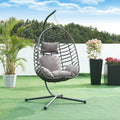 en.casa Kandsvas Silla colgante con soporte - Polyrattan gris acero y poliéster - 198 x 110 x 95 cm para 1 persona - Cojín y capacidad máxima 100 kg