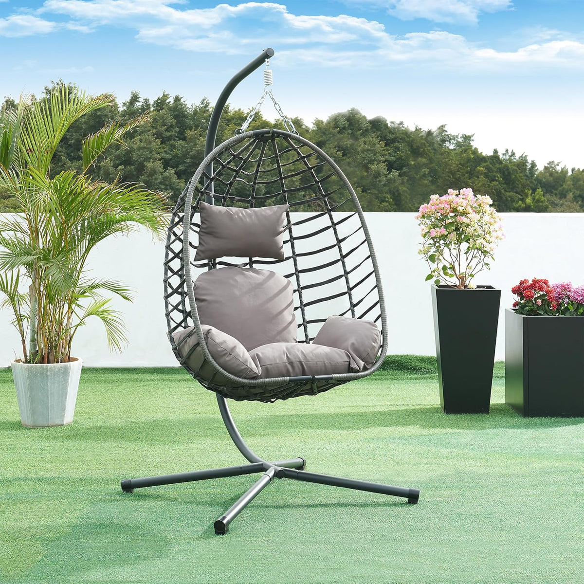 en.casa Kandsvas Silla colgante con soporte - Polyrattan gris acero y poliéster - 198 x 110 x 95 cm para 1 persona - Cojín y capacidad máxima 100 kg