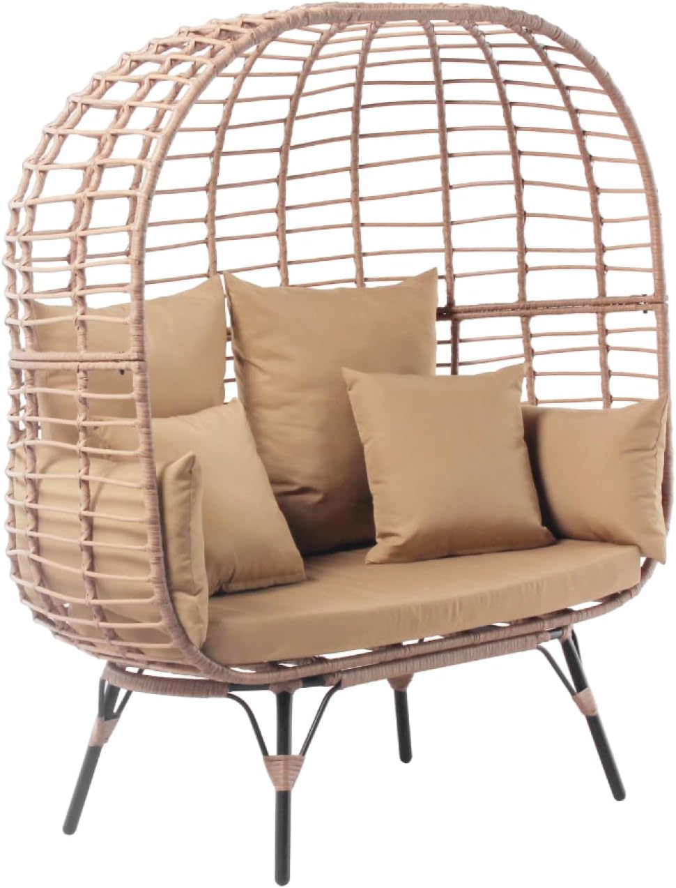 Concepto Fábrica Sillón Huevo 2 Plazas Beige Efecto Ratán - Diseño Jane con Estructura de Acero - Hamaca Columpio Exterior con Cojín Grande