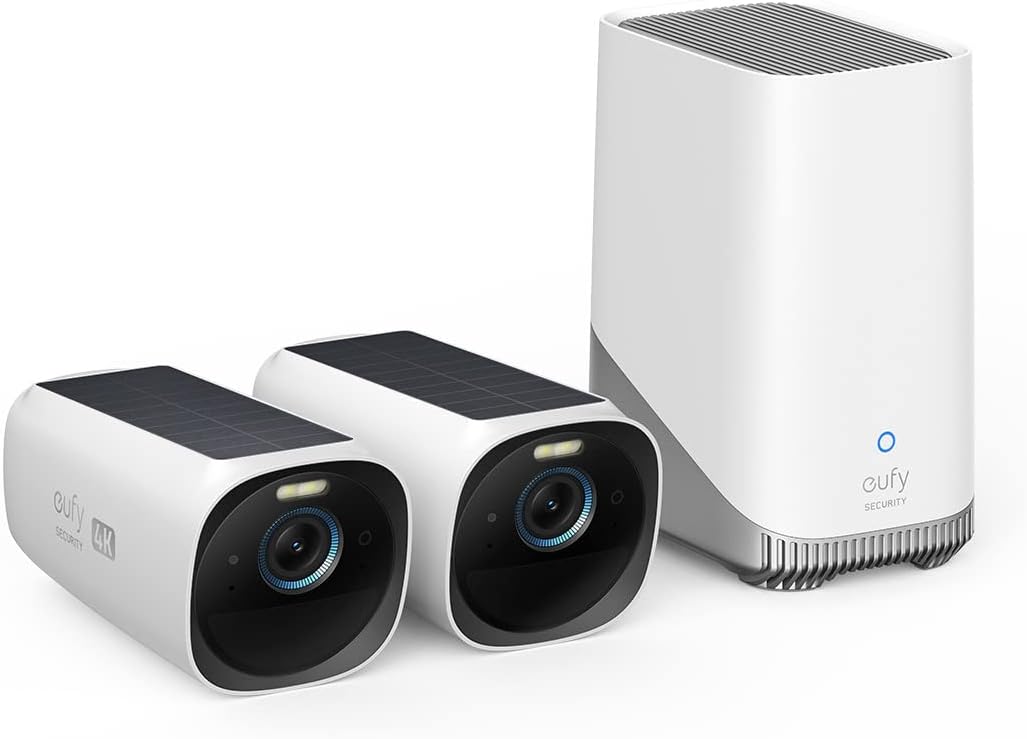 Sistema solar eufyCam S330 eufyCam 3 - conjunto de 2 cámaras exteriores 4K - enfoque y visión nocturna - conexión WiFi con control móvil y sin cuota mensual