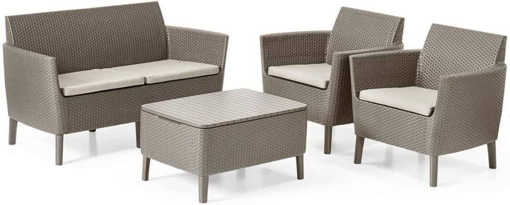 Keter Salemo Lounge Set muebles de jardín de ratán - Sofá de 2 plazas y 2 sillones - Mesita porta almohadas - Conjunto exterior moderno capuchino