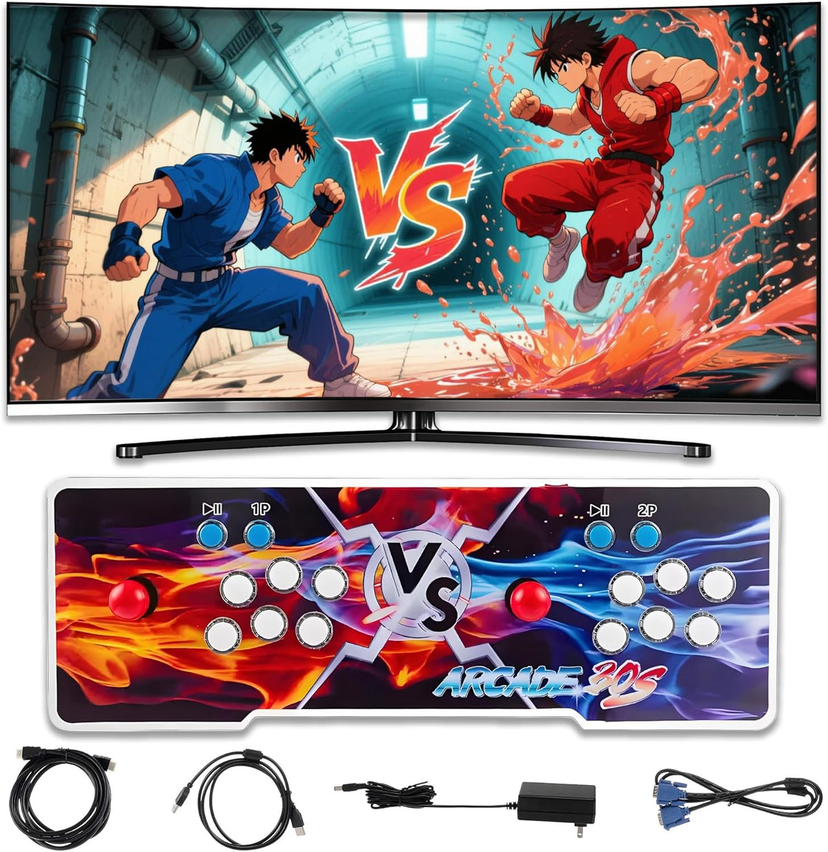 Consola retro 36800 en 1 Plug and Play - Hasta 4 jugadores - Jack de audio de 3,5 mm y altavoces de 2 clavijas - Diseño de llamas rojas y azules con carcasa de plástico