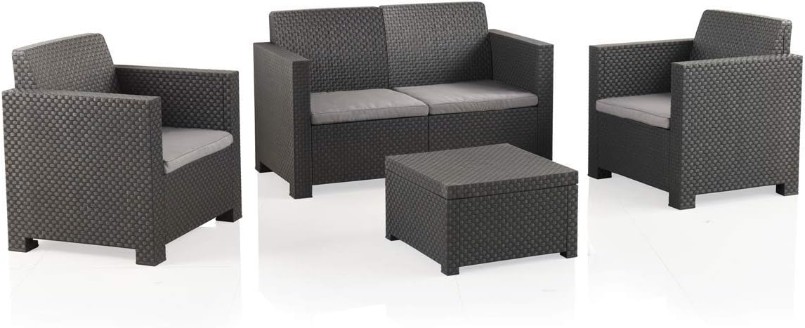 Shaf EVO Conjunto de muebles de jardín 4 plazas - Sofá de 2 plazas y 2 sillones de resina - Diseño para terraza balcón y exterior - Antracita para zona de descanso